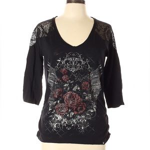 Rock and Republic Graphic Top Lace Sleeve - mcbling & y2k 2000s staple